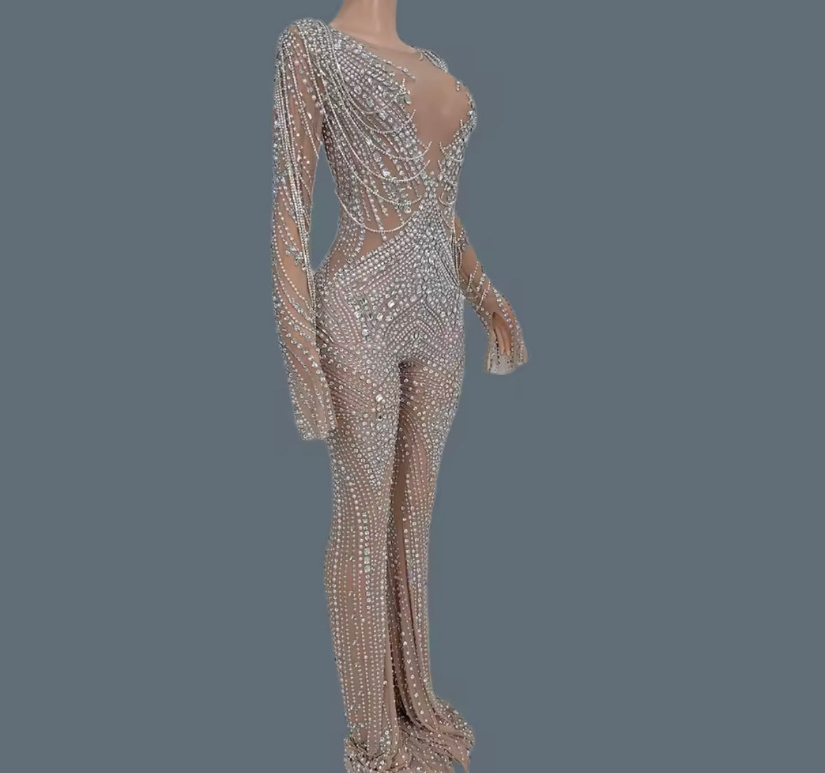 Sexy Rhinestone Chain Full Sleeve See Through Jumpsuit