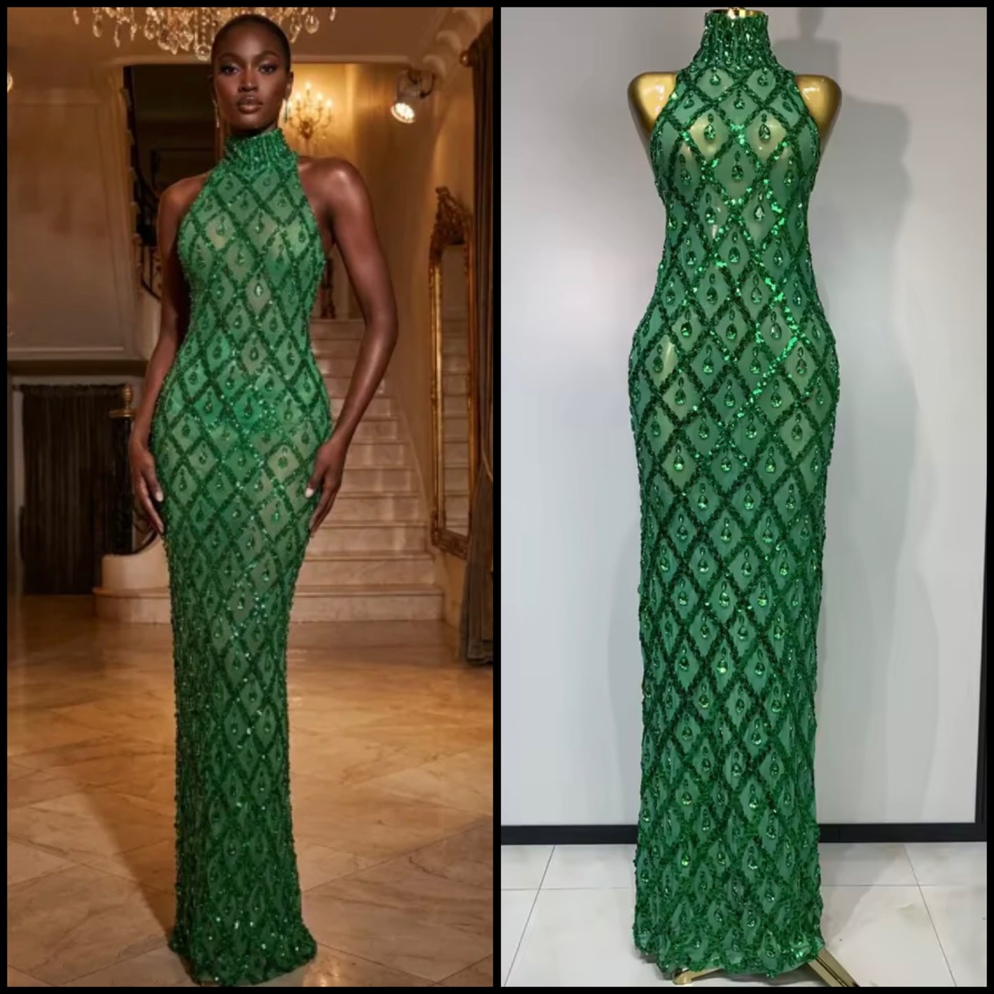 Green Halter Sleeveless Sequins Crystal Floor-Length Dress