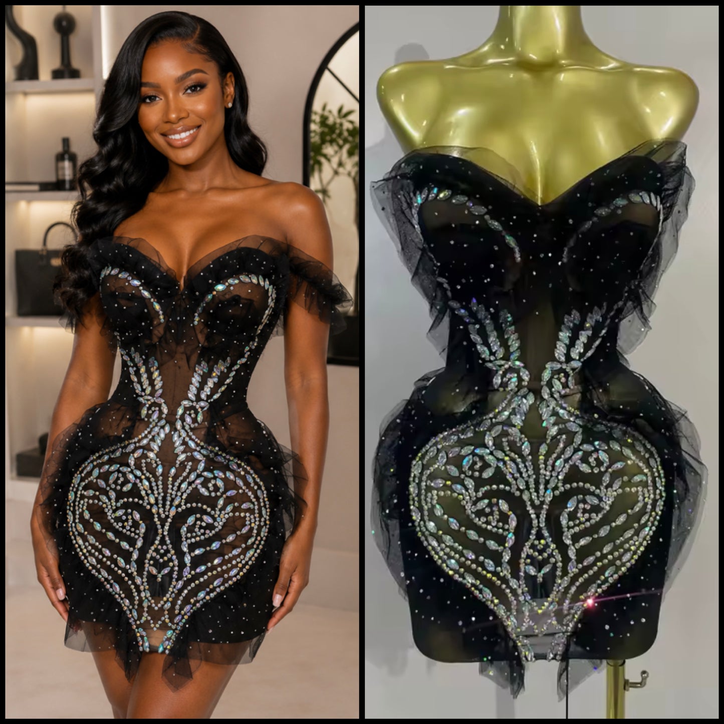 Sexy Black Strapless Sparkly Rhinestone Ruffle Dress