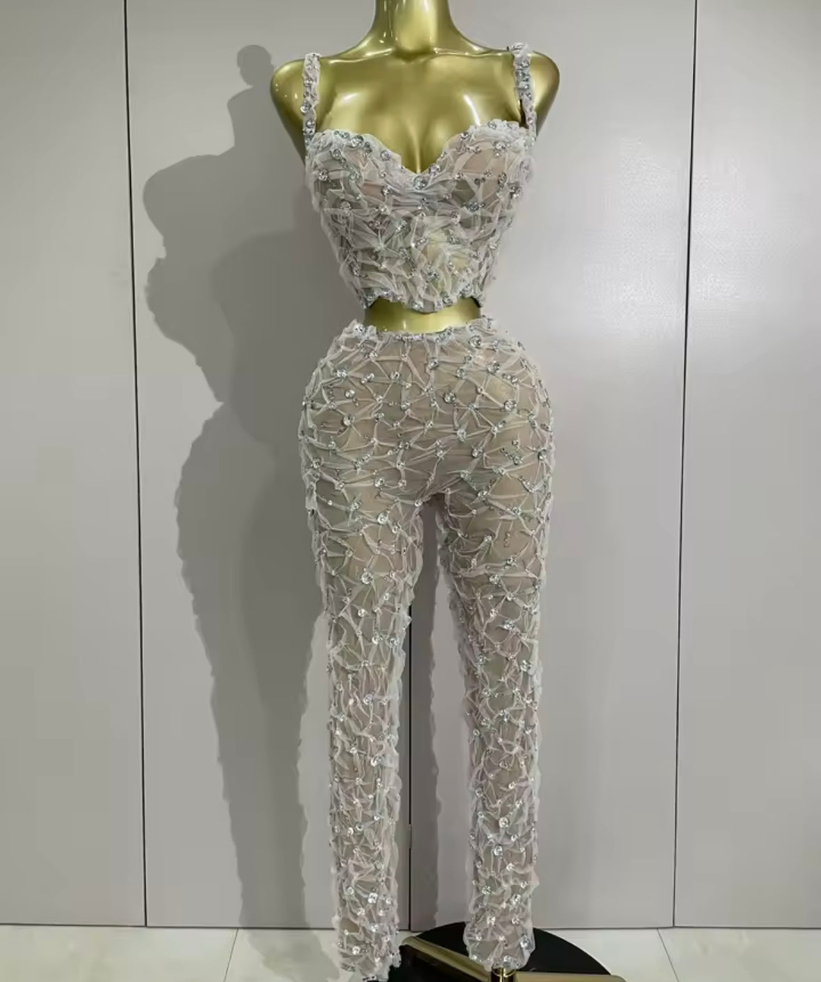 Sleeveless Rhinestone Crop Tank Two Piece Sexy Pant Set