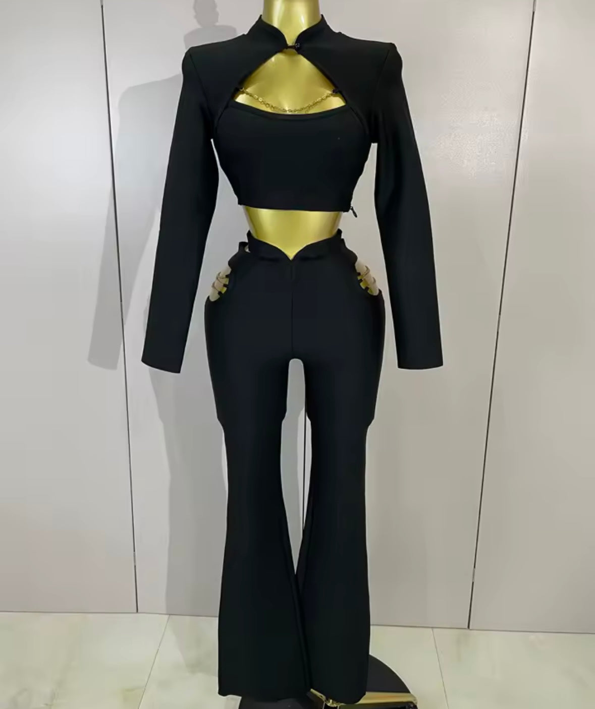 Sexy Black Chain Full Sleeve Pant Set