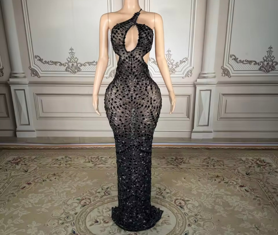 Sexy Black Sleeveless Open Back Crystal Floor-Length Dress