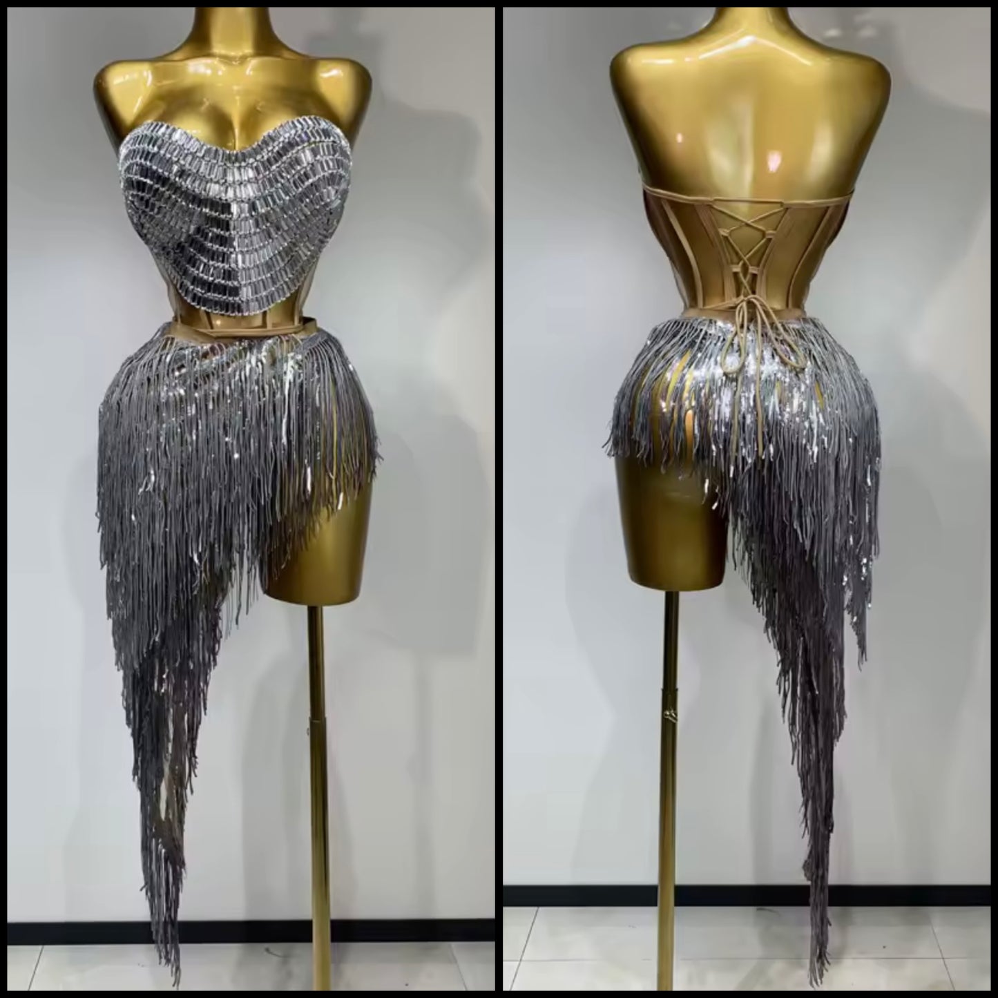 Silver Sexy Strapless Rhinestone Asymmetrical Tassel Two Piece Skirt Set