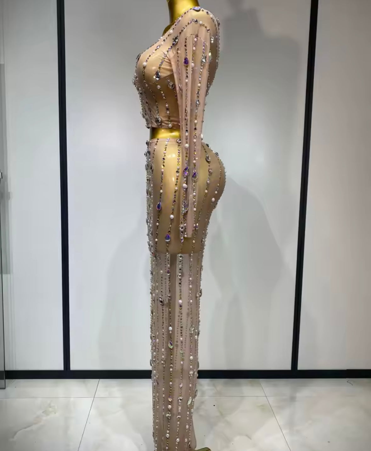 Sexy Beaded Color Crystal Full Sleeve Mesh Two Piece Maxi Skirt Set