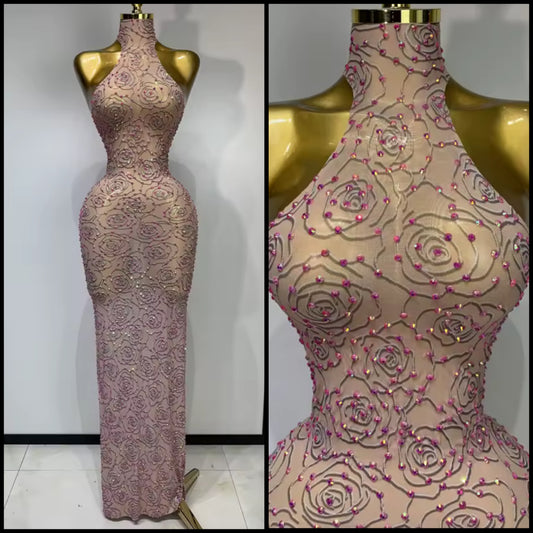 Sexy Printed Beaded Sleeveless See Through Floor-Length Dress