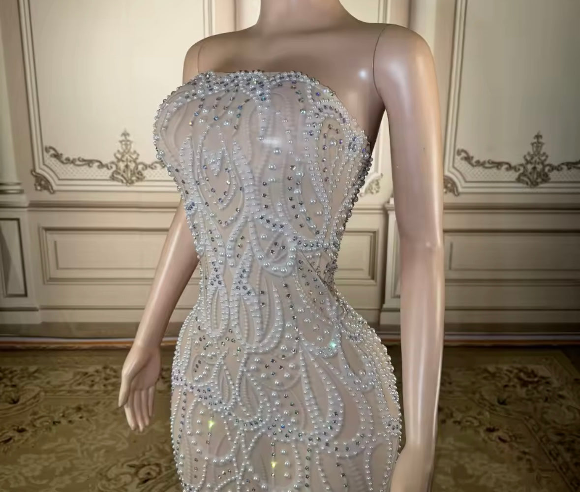 Sexy Strapless Beaded Rhinestone Floor-Length Dress