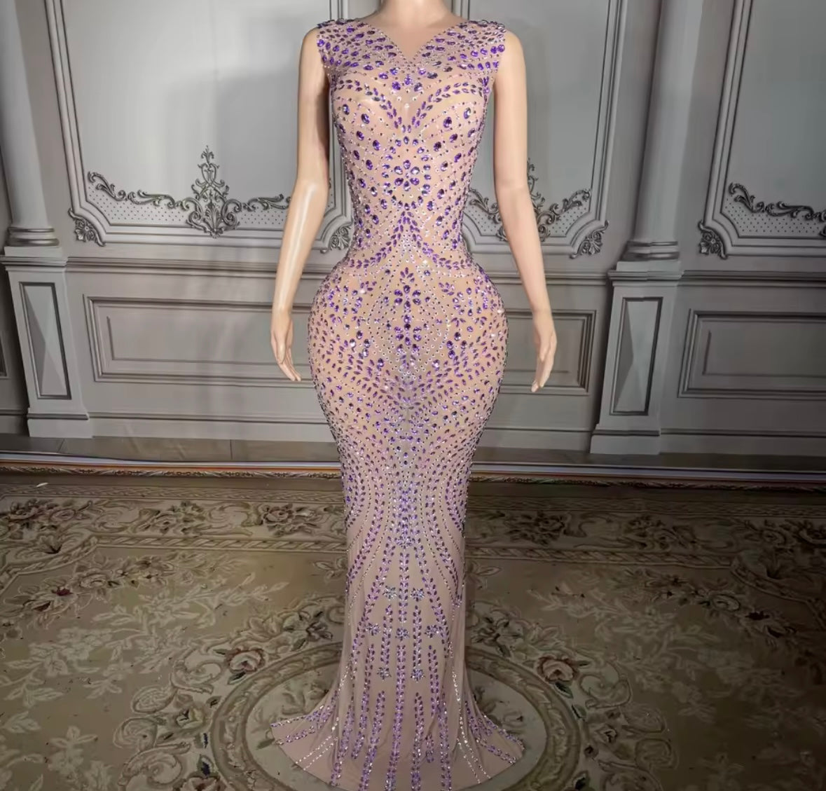 Sexy Sleeveless Purple Rhinestone Maxi Dress