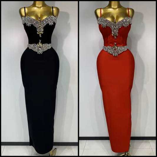 Elegant Black Floor-Length Rhinestone Embellishment Dress
