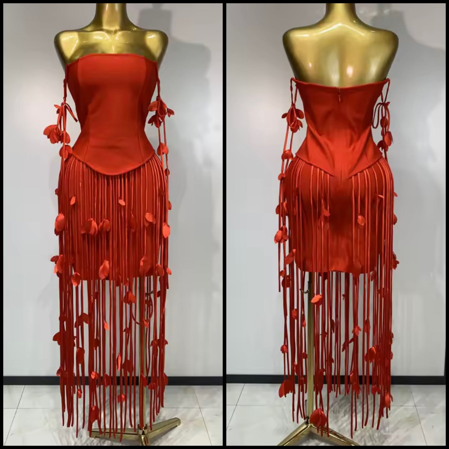 Elegant Strapless Red Floral Tassel Dress