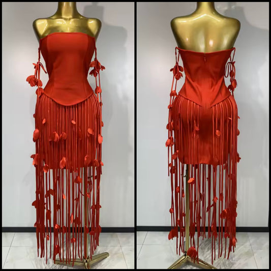 Elegant Strapless Red Floral Tassel Dress