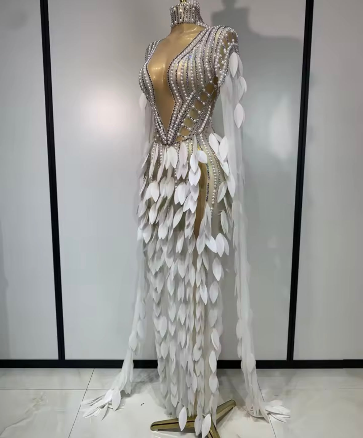 Sexy Pearl Rhinestone See Through Floor-Length Dress