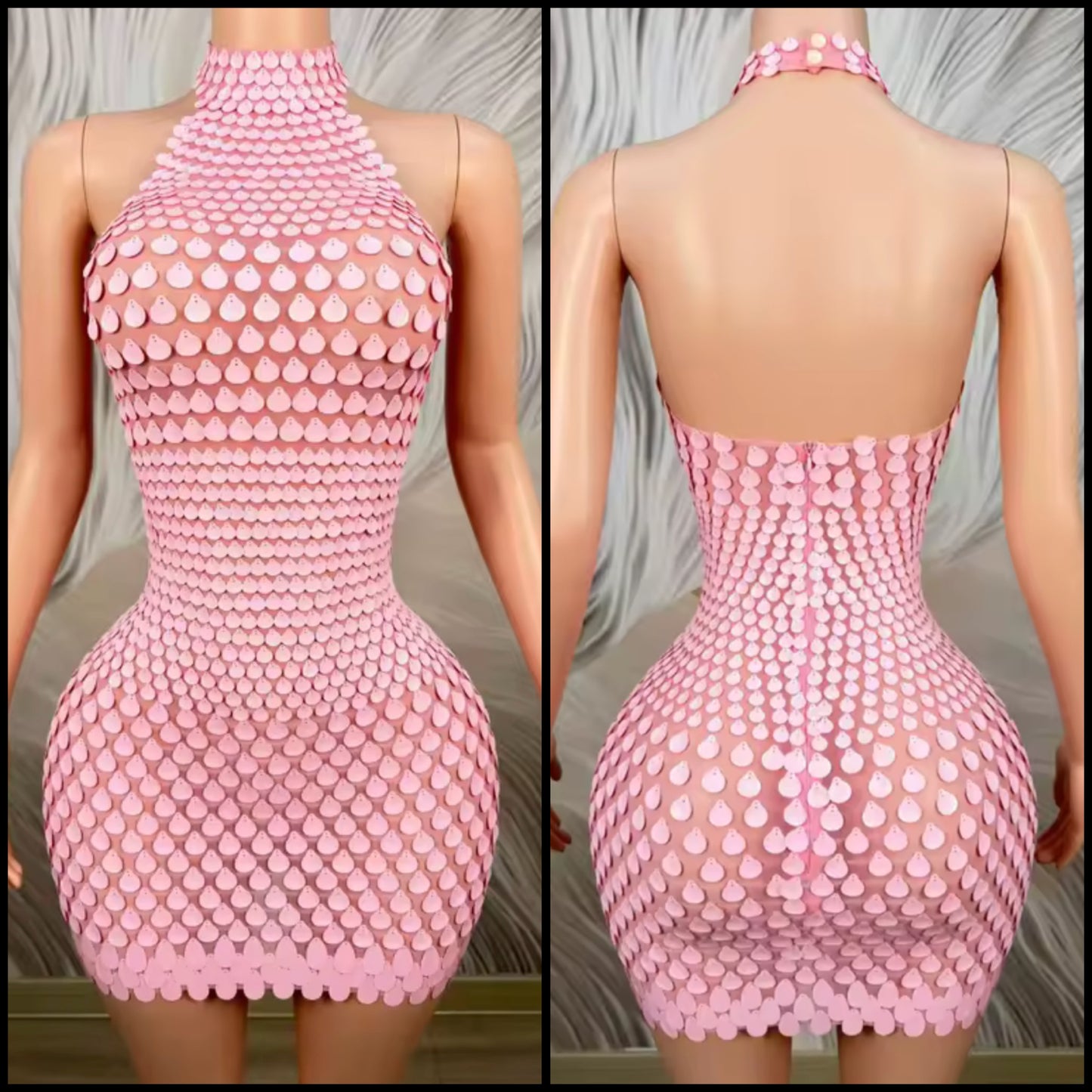 Pink Sexy Halter Sleeveless Sequins Short Dress