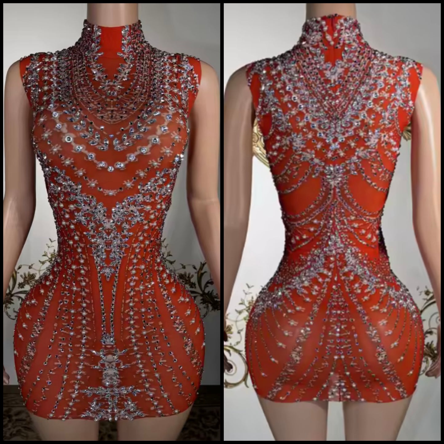 Red Sexy Sleeveless Rhinestone Embellishment Dress