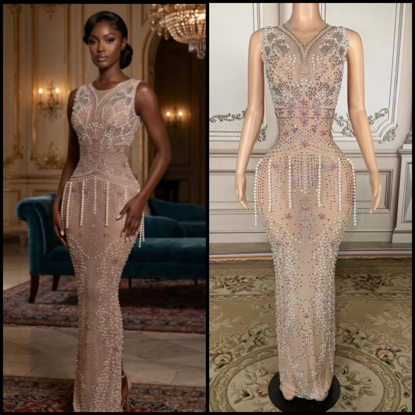 Elegant Sleeveless Rhinestone Pearl Tassel Floor-Length Dress