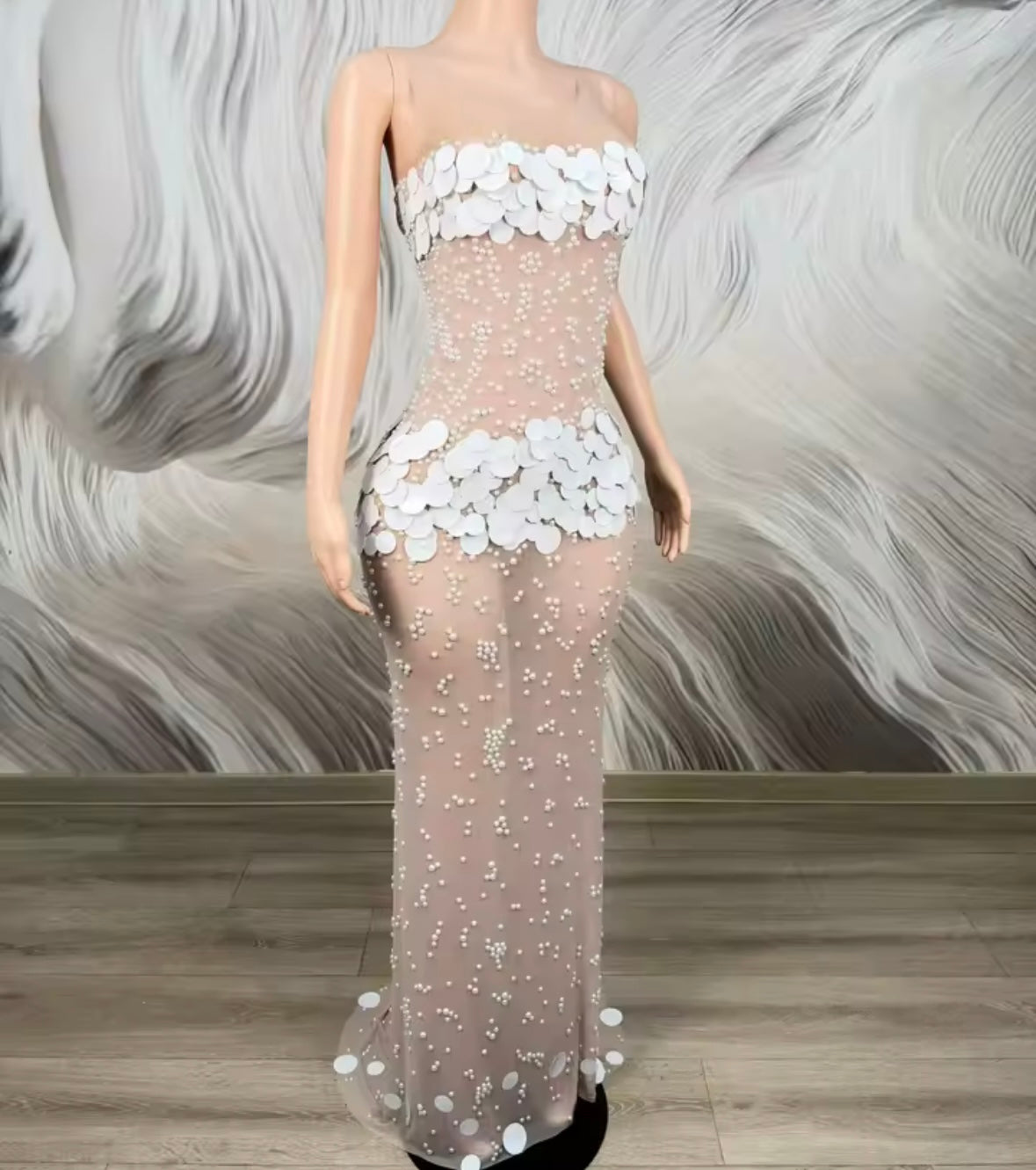 Sexy Sleeveless Sequins Pearl See Through Floor-Length Dress