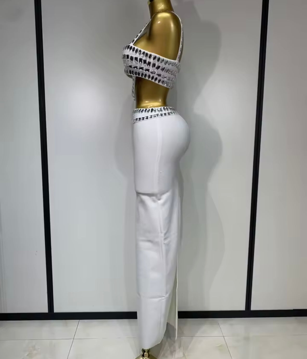 Rhinestone Halter Strapless Sexy Maxi Skirt Set