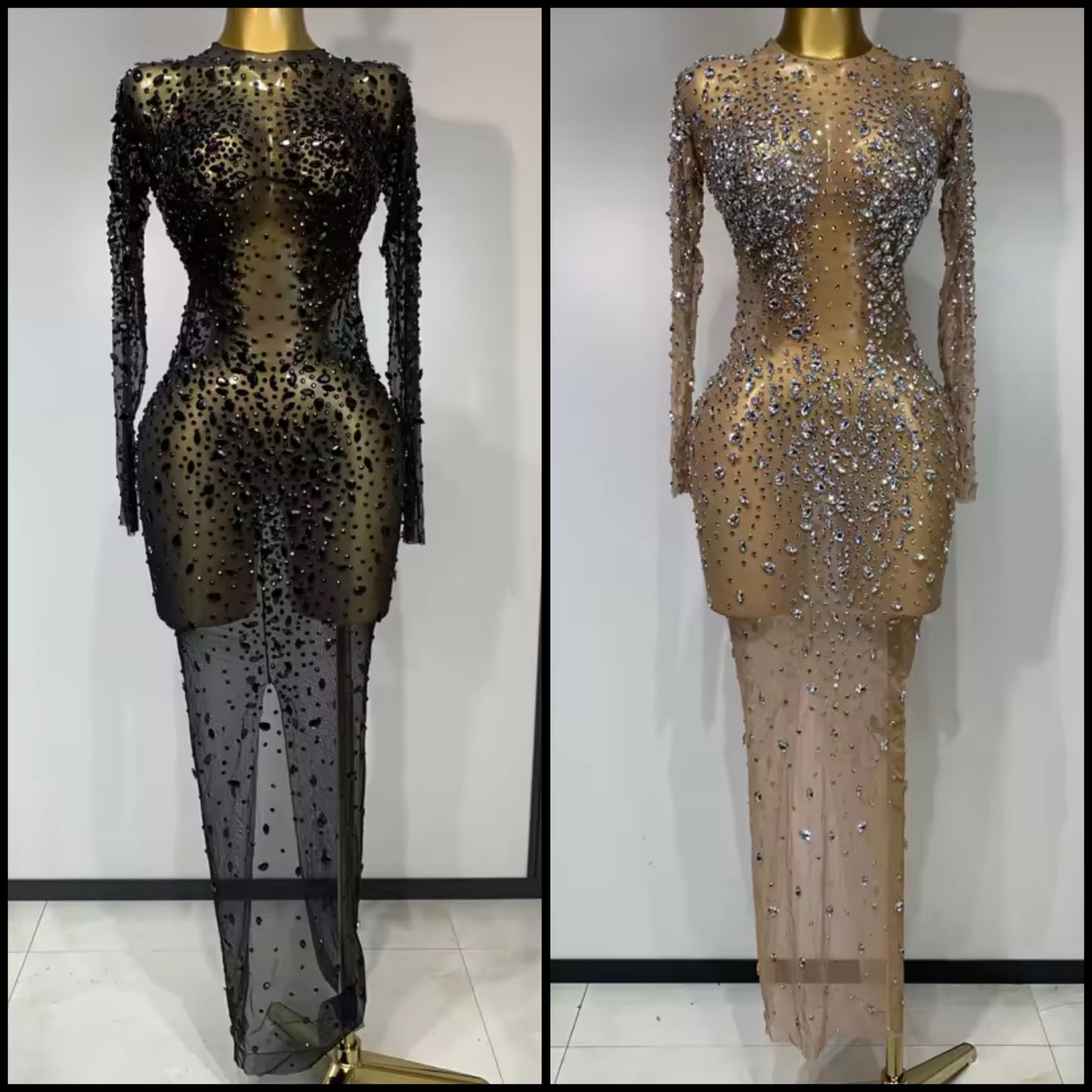 Sexy See Through Rhinestone Full Sleeve Long Dress