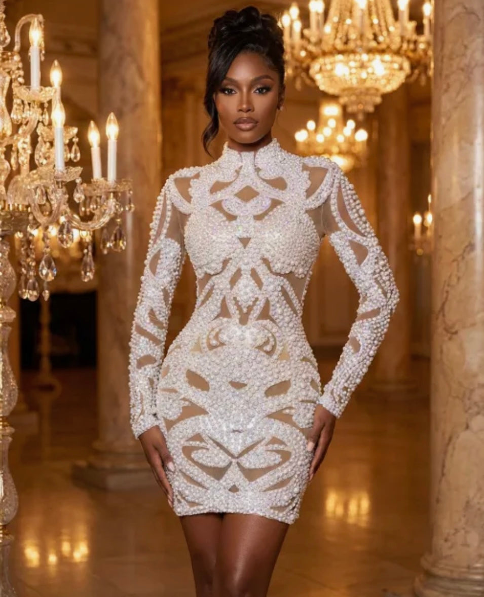 Sexy Pearl Embellishment Full Sleeve Short Dress
