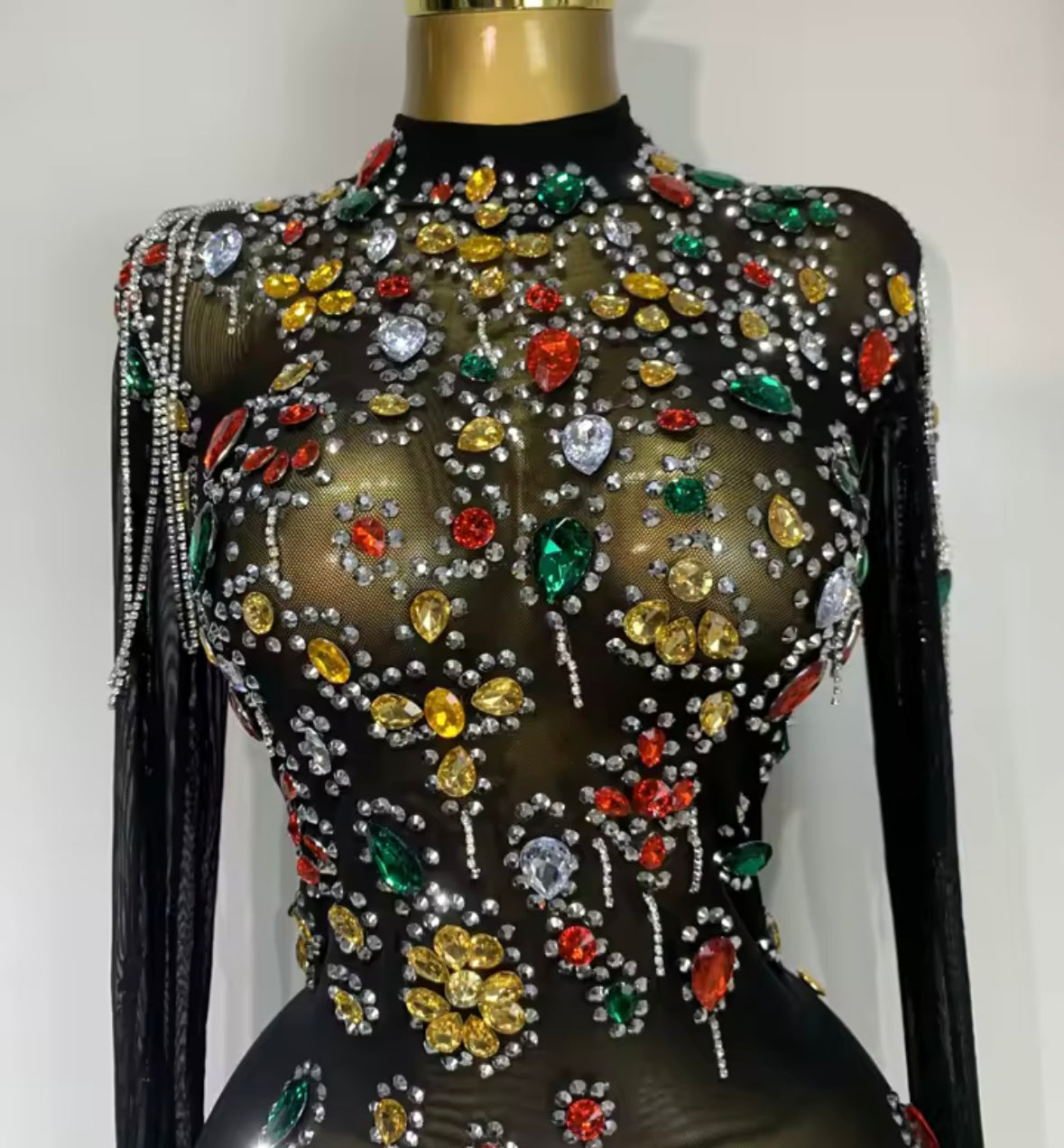 Sexy Black Crystal Rhinestone Chain Glove Full Sleeve Dress