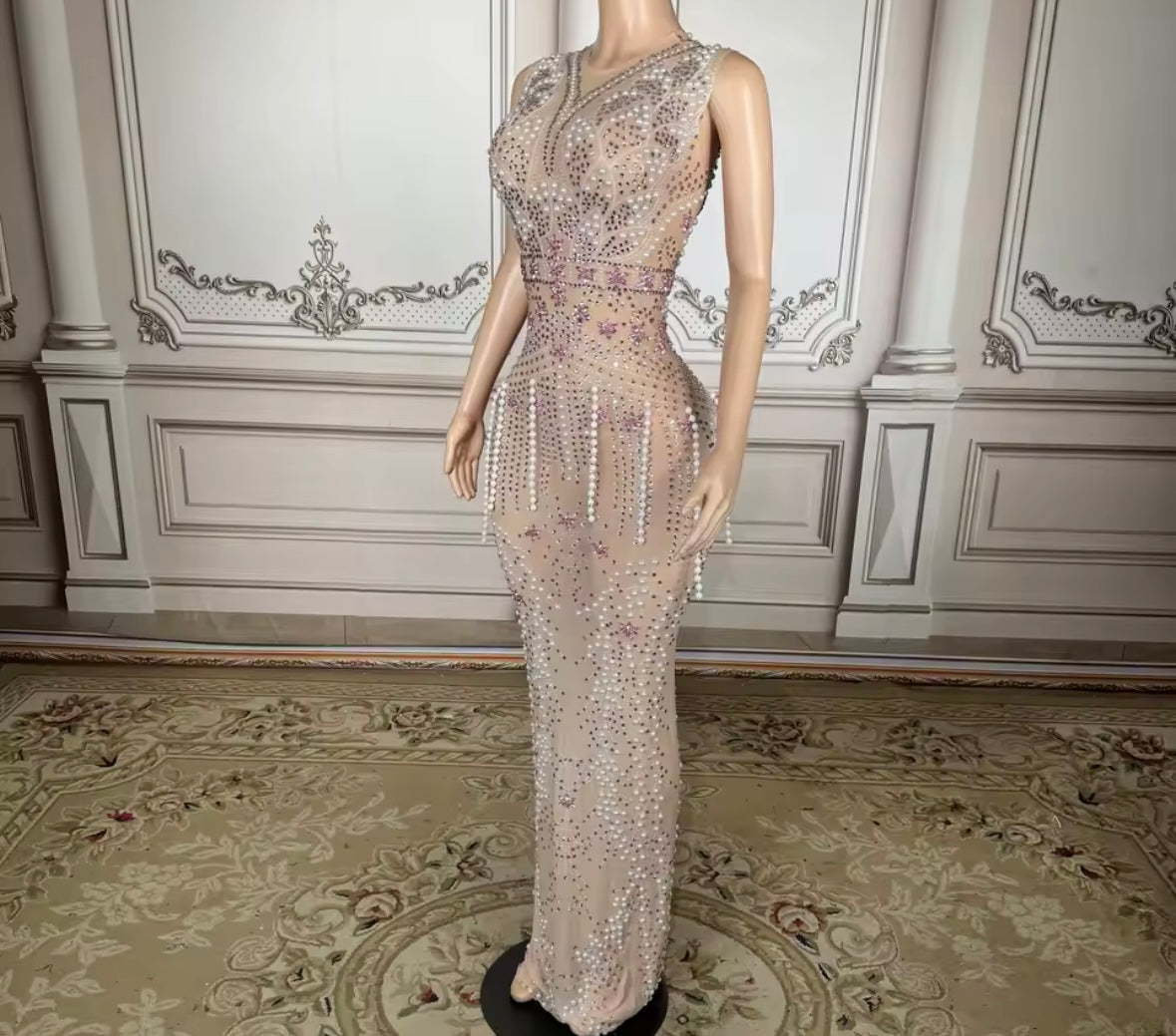 Elegant Sleeveless Rhinestone Pearl Tassel Floor-Length Dress