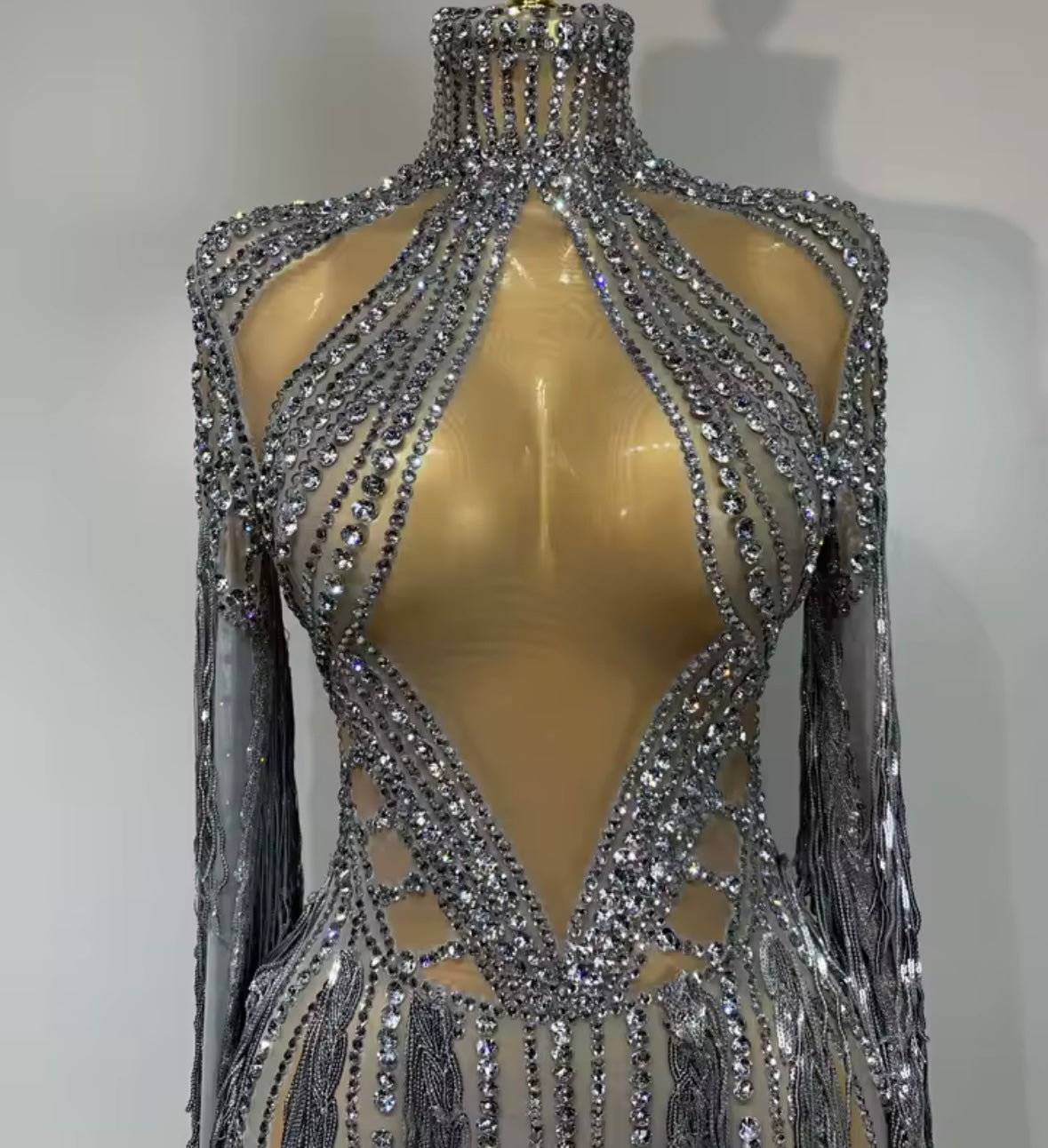 Silver Sexy Sequins Rhinestone Tassel See Through Maxi Dress