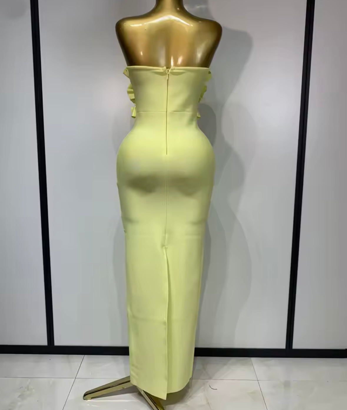 Yellow Ruffle Floral Strapless Sexy Maxi Dress