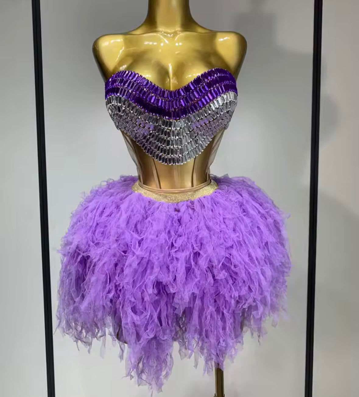 Sexy Purple Rhinestone Mesh Sleeveless Two Piece Ruffled Skirt Set