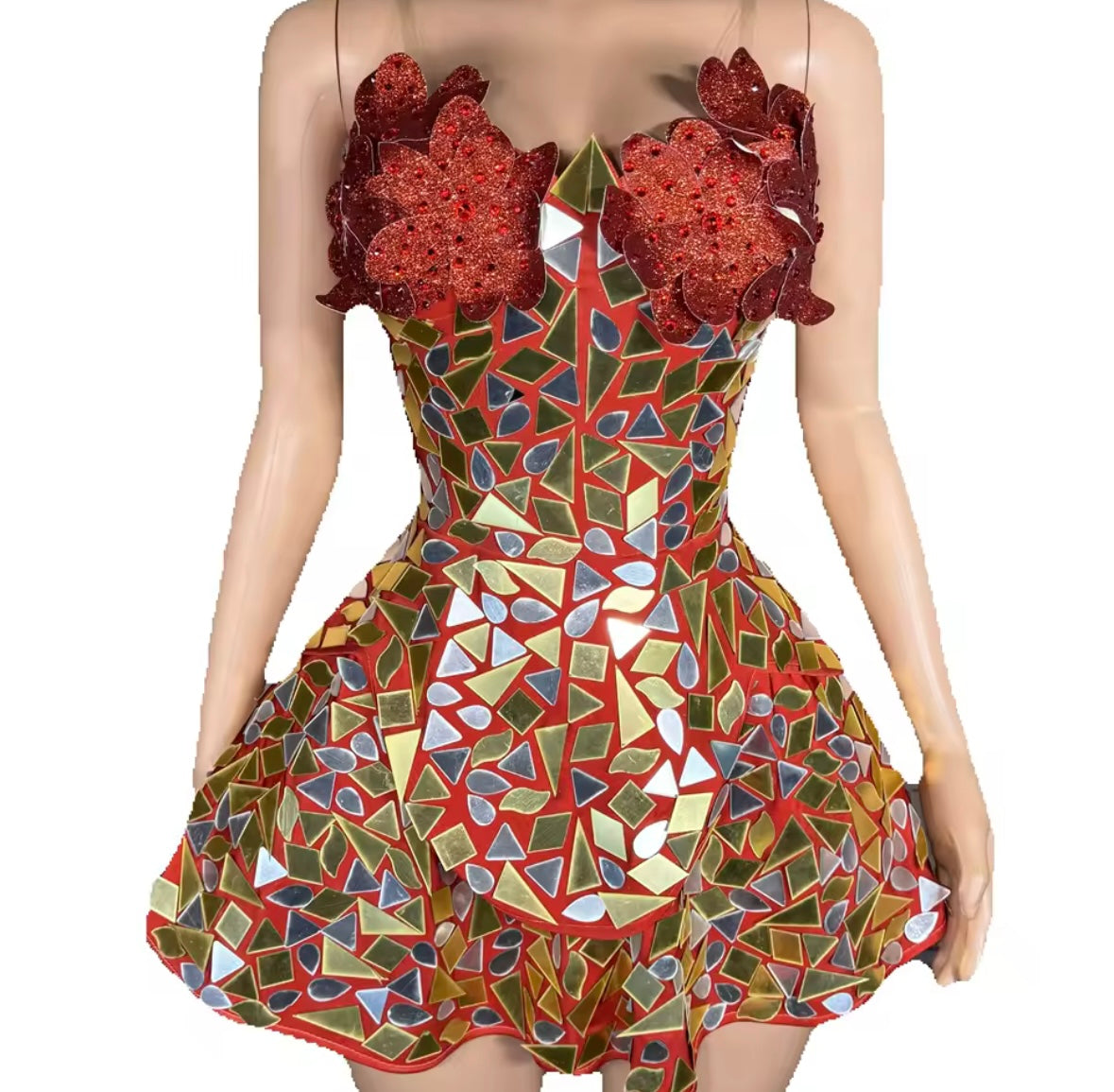 Sexy Sleeveless Floral Mirror Corset Dress