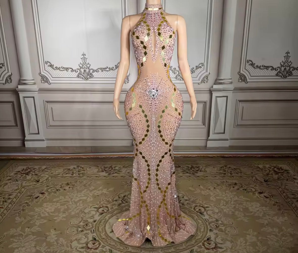 Rhinestone Embellishment Mirror Sleeveless Maxi Dress