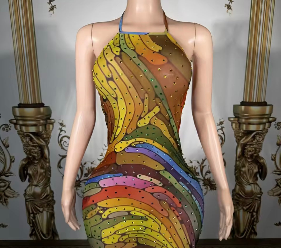 Sexy Halter Sleeveless Multicolor Print Rhinestone Maxi Dress