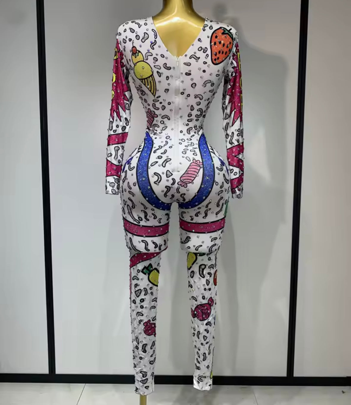 Multicolored Print Rhinestone Full Sleeve White Jumpsuit