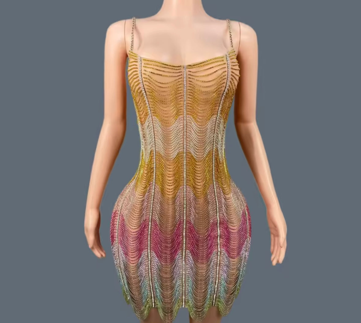 Sexy Sleeveless Multicolored Rhinestone Chain Dress