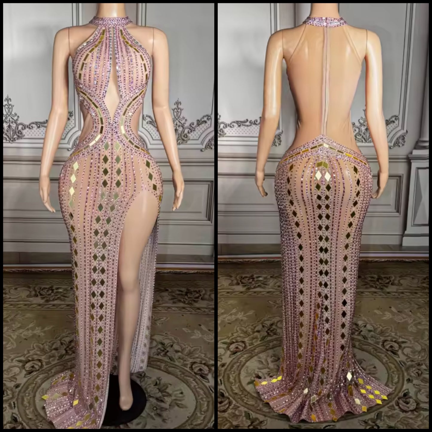 Sexy Pink Rhinestone Mirror Sleeveless Side Split Maxi Dress