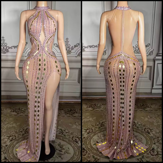 Sexy Pink Rhinestone Mirror Sleeveless Side Split Maxi Dress