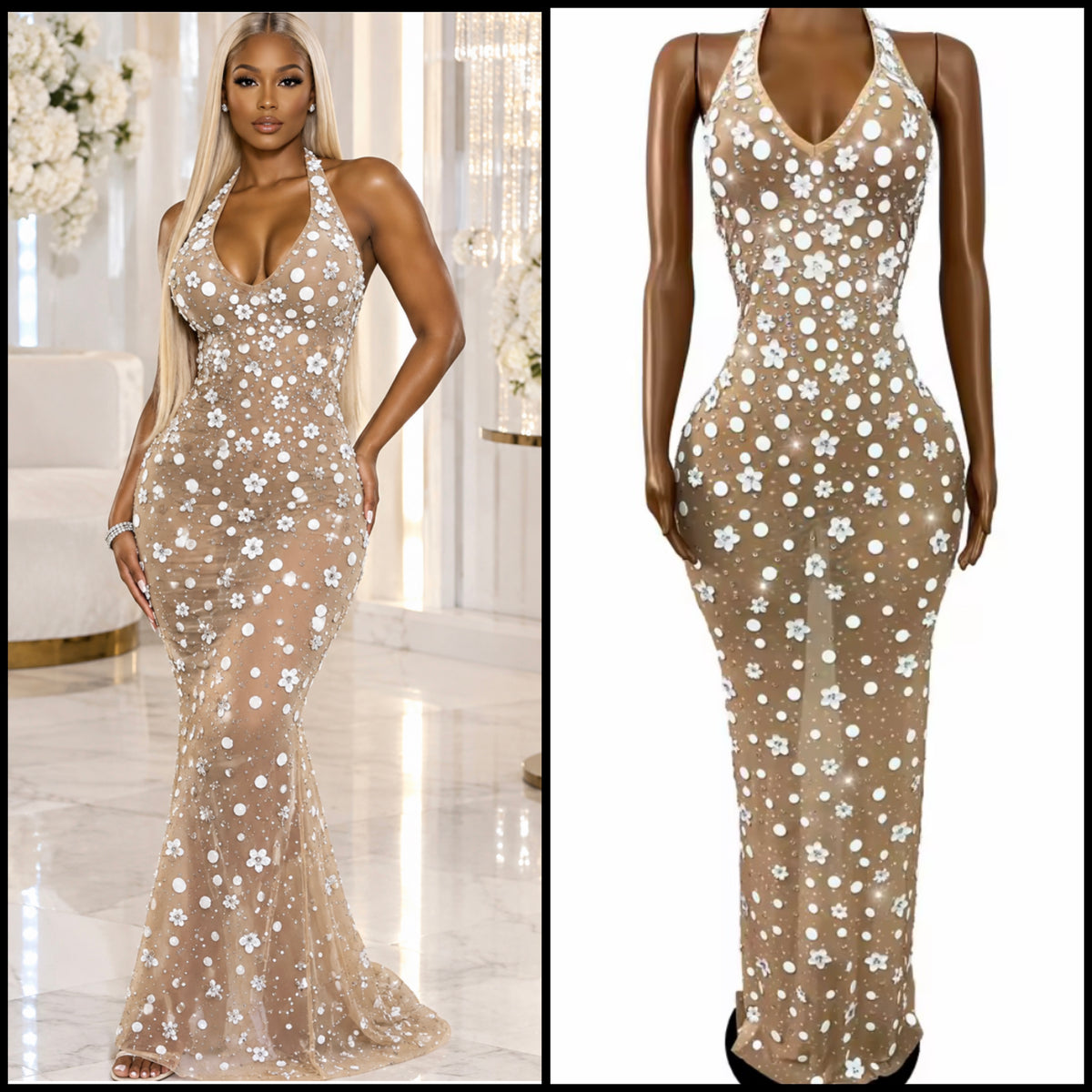 Sexy Halter Sleeveless Floral Rhinestone See Through Maxi Dress