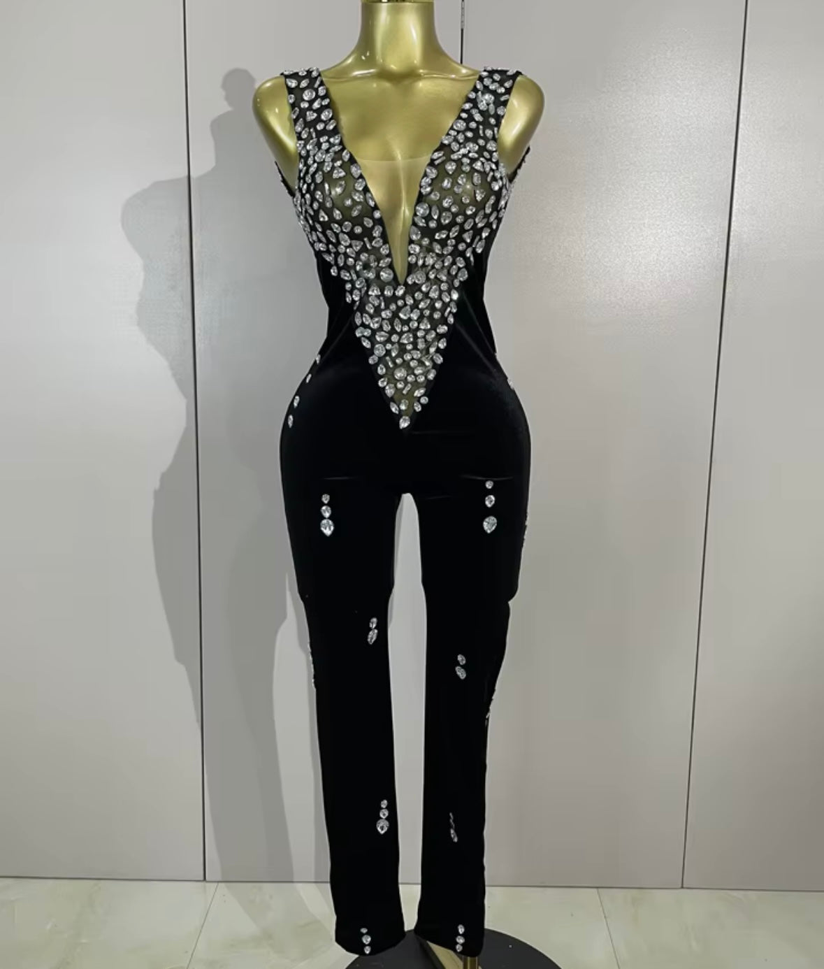 Elegant Black Sleeveless Rhinestone Embellishment Jumpsuit