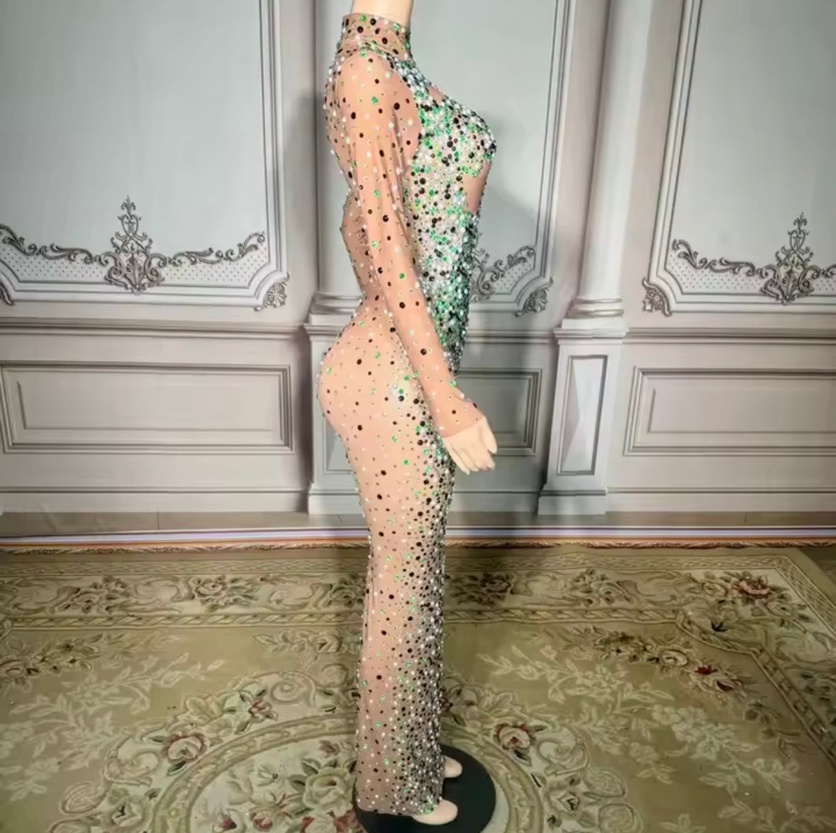 Sexy Beaded Rhinestone Full Sleeve Maxi Dress