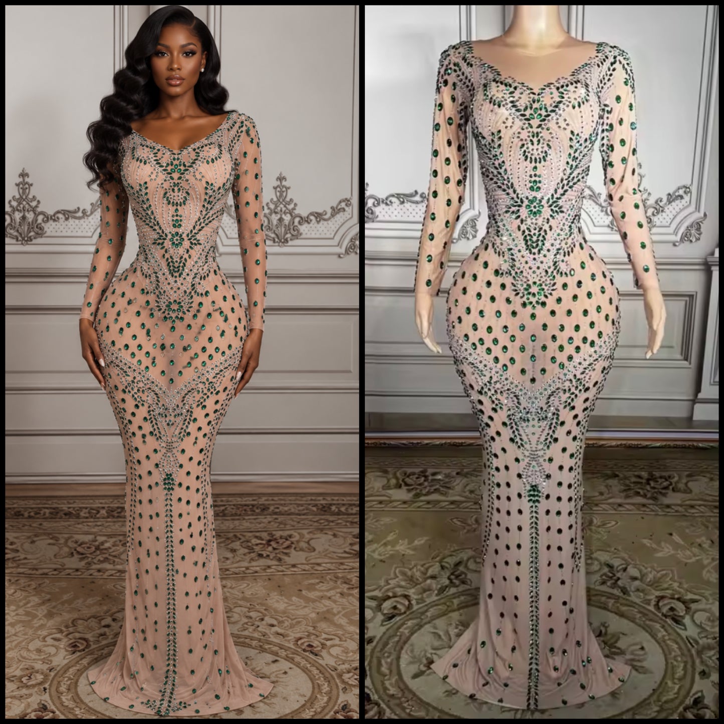 Elegant Rhinestone Embellishment Full Sleeve Floor-Length Dress
