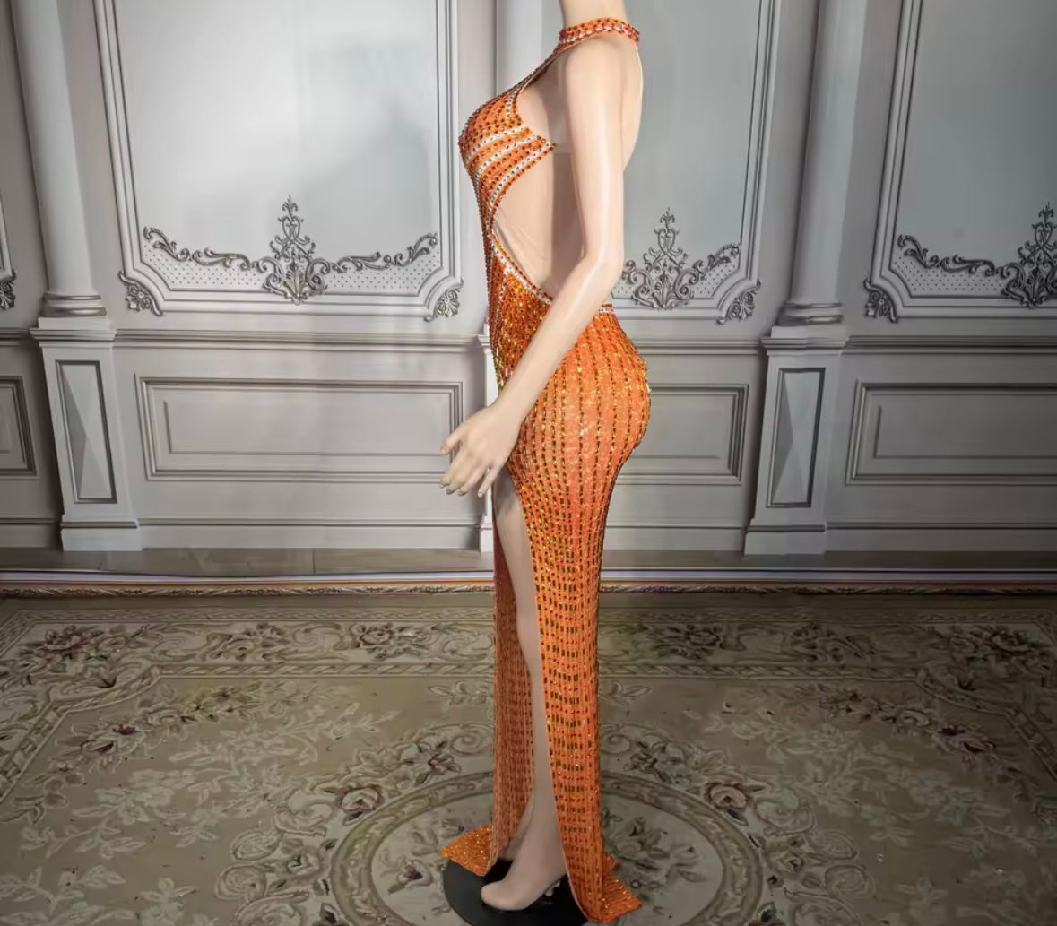 Orange Sexy Sleeveless Rhinestone Side Split Maxi Dress