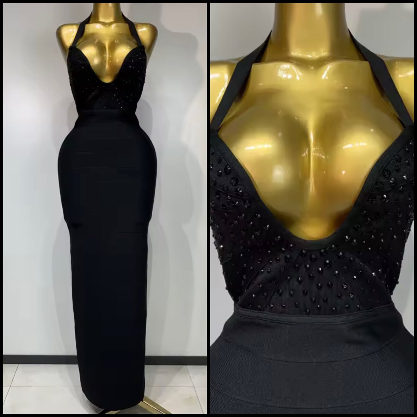 Black Sexy Halter Sleeveless Rhinestone Maxi Dress