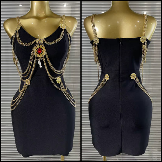 Black Sleeveless Crystal Chain Sexy Bandage Dress