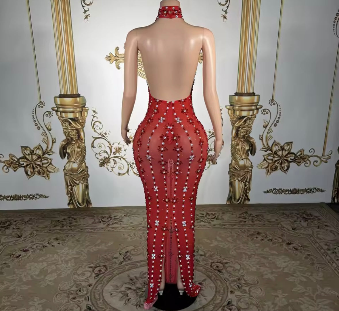 Red Sexy Halter Sleeveless Floral Rhinestone Maxi Dress