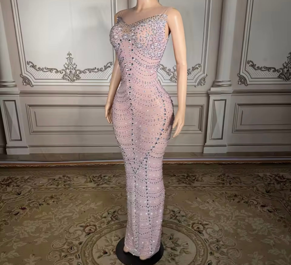 Sexy Pink Rhinestone Sleeveless Floor-Length Dress