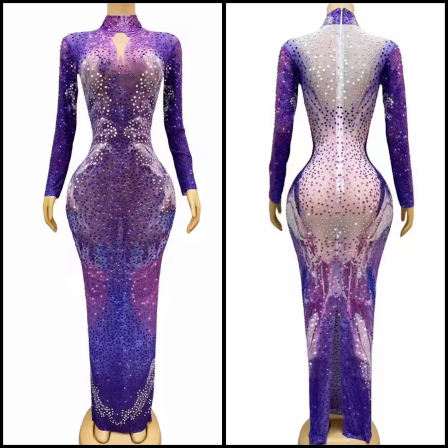 Purple Elegant Rhinestone Full Sleeve Maxi Dress