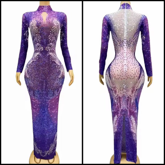 Purple Elegant Rhinestone Full Sleeve Maxi Dress