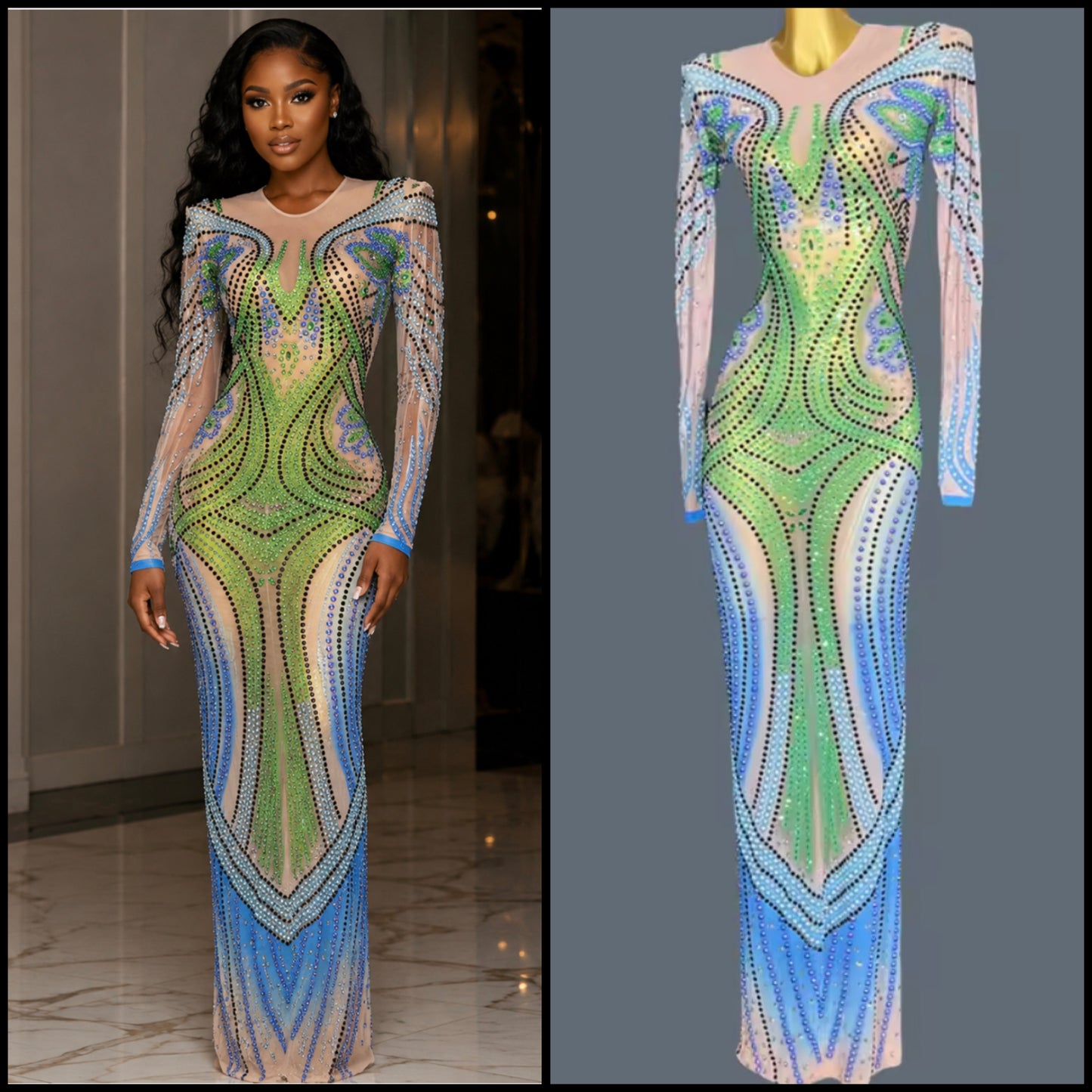 Sexy Colorful Rhinestone Full Sleeve Maxi Dress