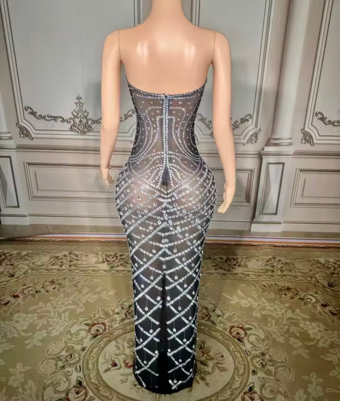 Rhinestone Embellishment Sexy Strapless See Through Maxi Dress