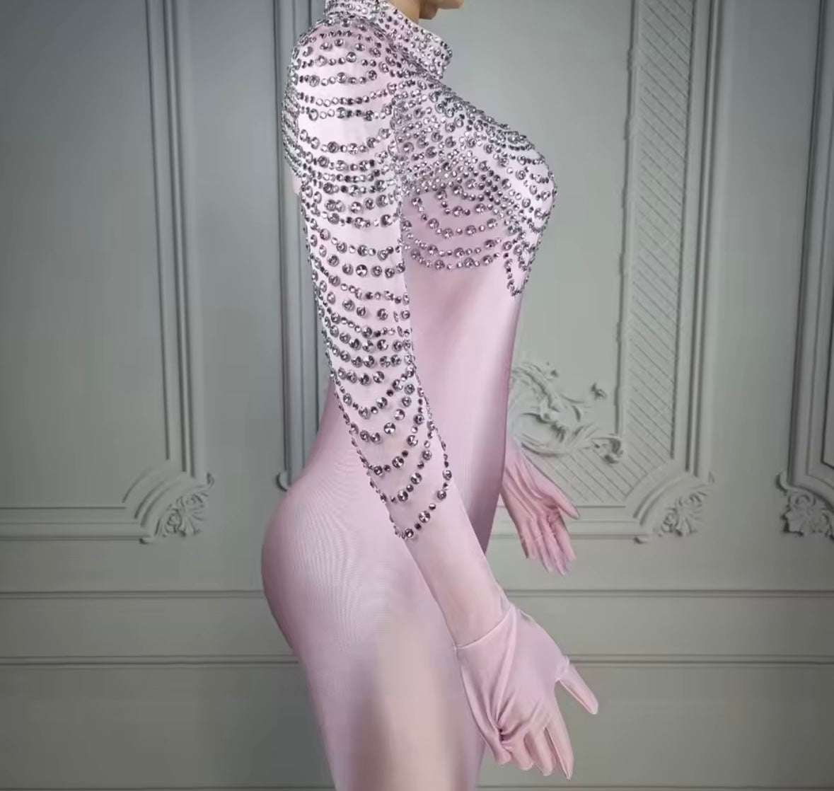 Elegant Pink Rhinestone Glove Jumpsuit