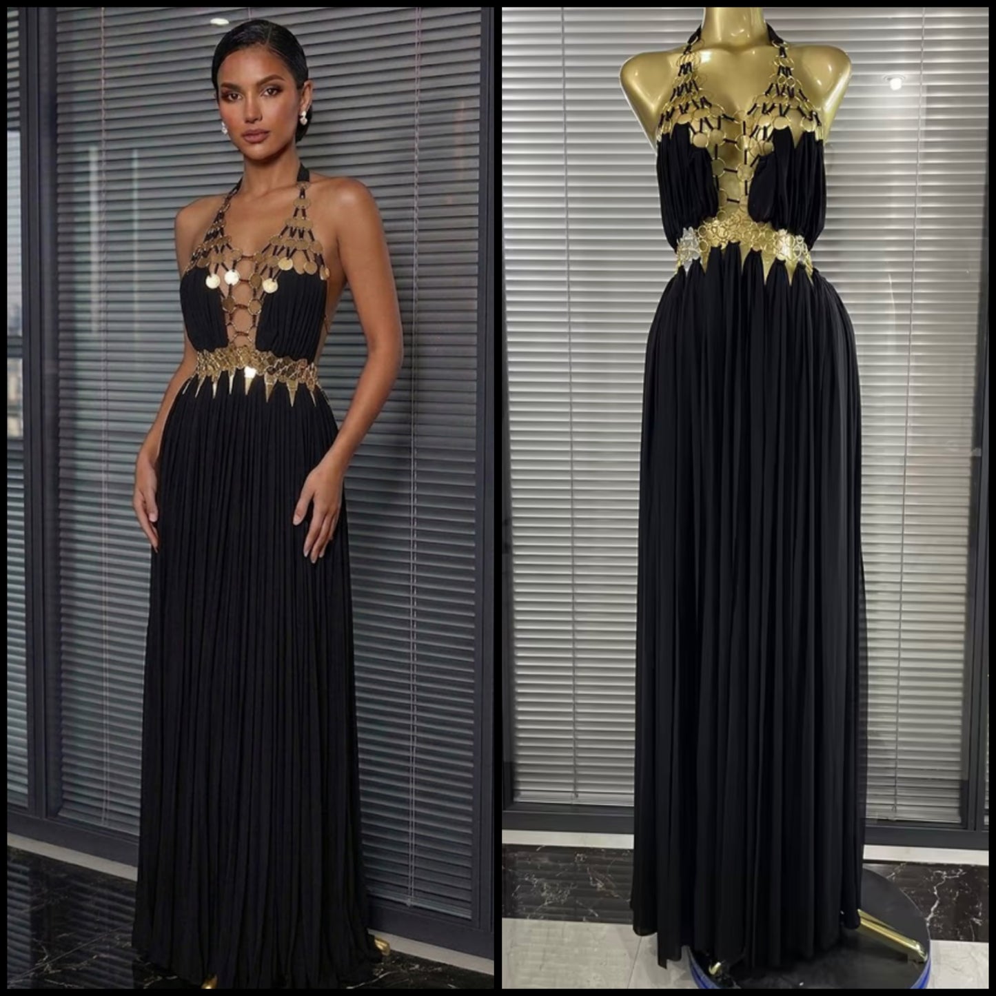 Sexy Halter Sleeveless Metal Ring Maxi Dress