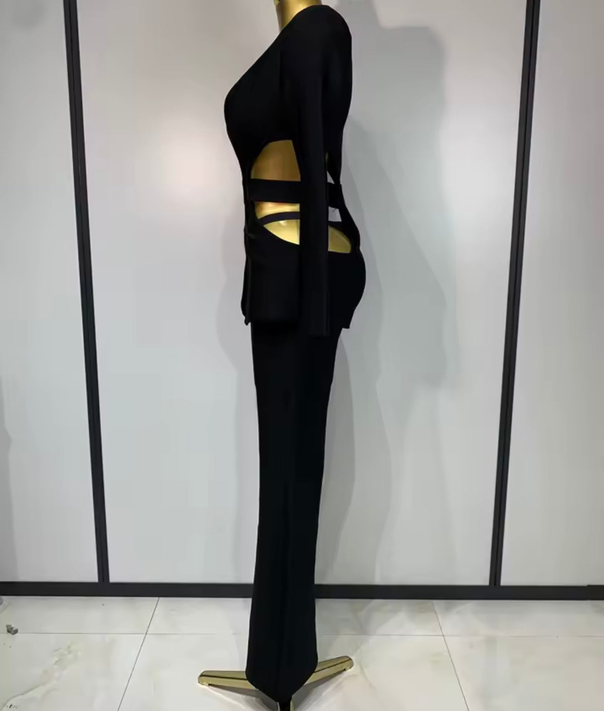 Black Sexy Hollow Out Full Sleeve Blazer Pant Set